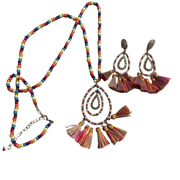 Casting Seed Bead Teardrop Tassel Post Earrings and matching Necklace - Picture 2 of 6